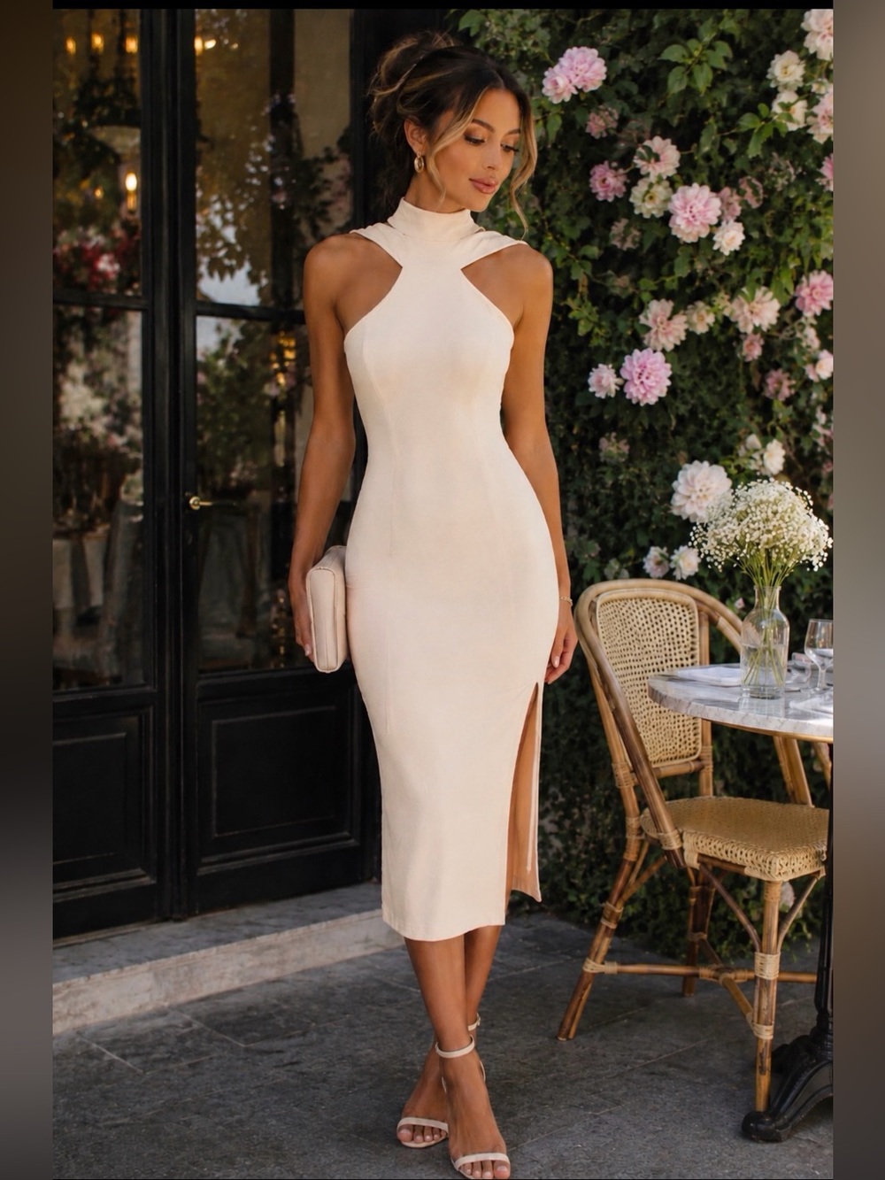Seek The Label XS Dress Blush Nude Faux Suede Halter Stretch Australian Design